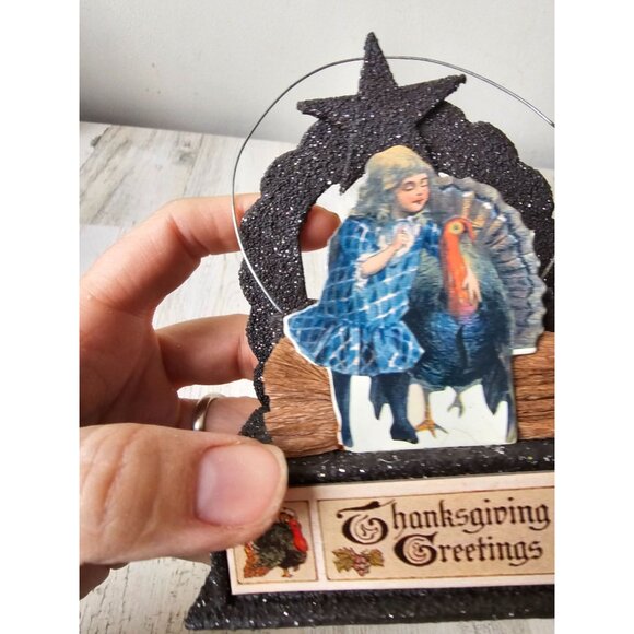 bethany lowe Thanksgiving greetings basket glitter turkey shabby cheek vintage s - Picture 3 of 8